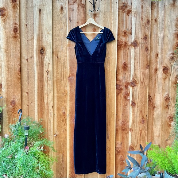 Navy Blue Velvet Deep V-Neck Cap-sleeve Maxi Dress 🌿 - Picture 10 of 12